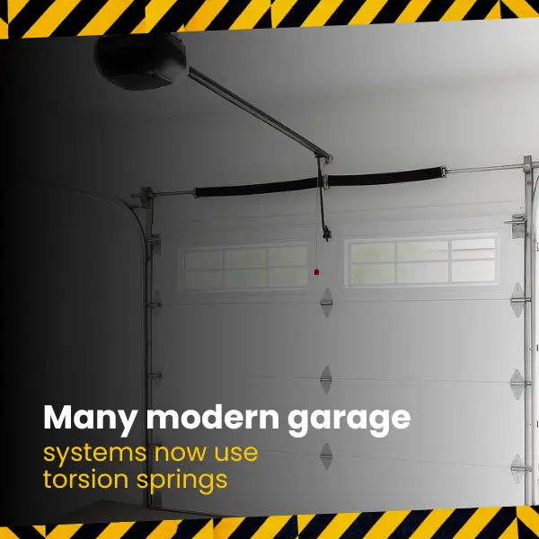 Benefits of Using Torsion Springs Interior of a modern garage with a single white sectional door, opener, and torsion spring