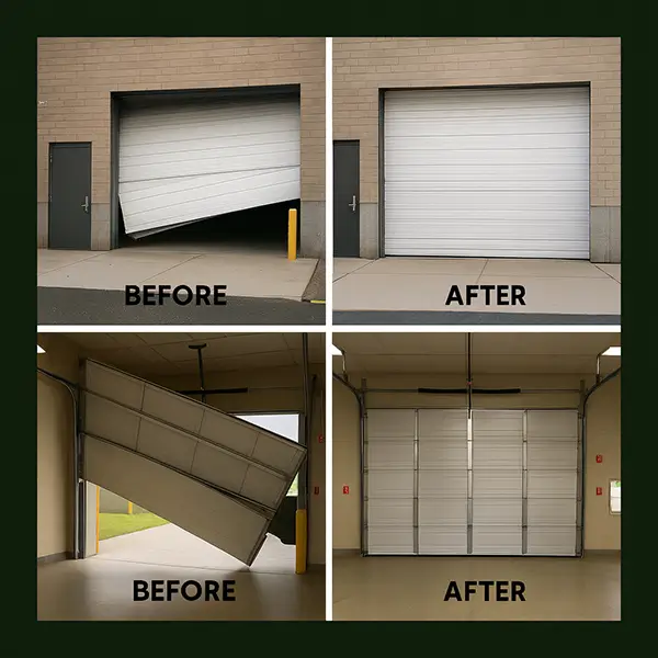 Commercial garage door repair and replacement before and after Before and after comparison of damaged commercial garage door repaired and replaced