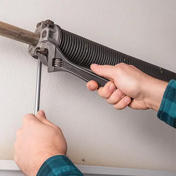 exchange a garage door spring Close-up of hands adjusting a garage door torsion spring with wrench and winding bar