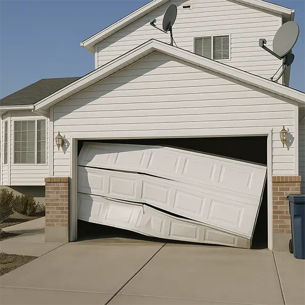 Damaged white sectional garage door off track at suburban home with brick trim and white siding