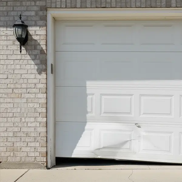 Damaged garage door panel repair and replacement service Dented white garage door with visible panel damage on residential home