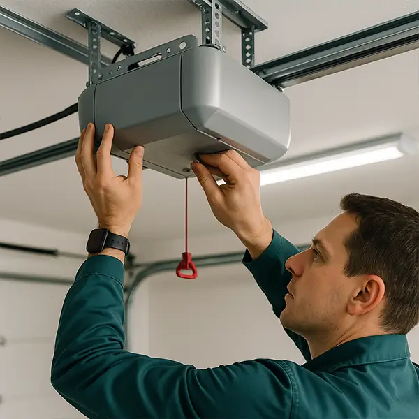 Garage door Opener Repair and Installation Technician adjusting ceiling-mounted garage door opener with red emergency release cord in modern residential garage