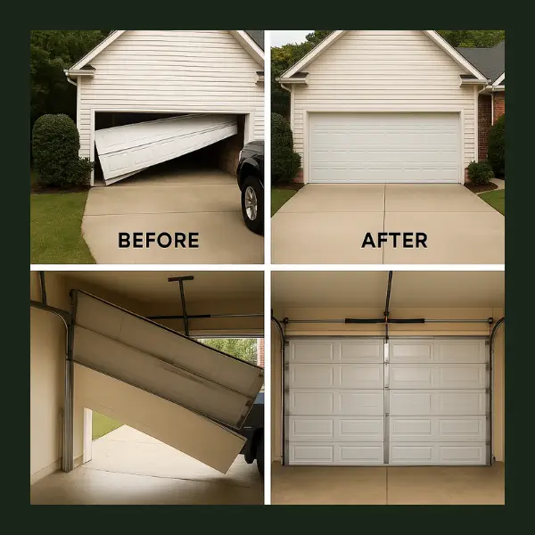 Before and After Garage Door Repair Before and after garage door repair at house with new white sectional door