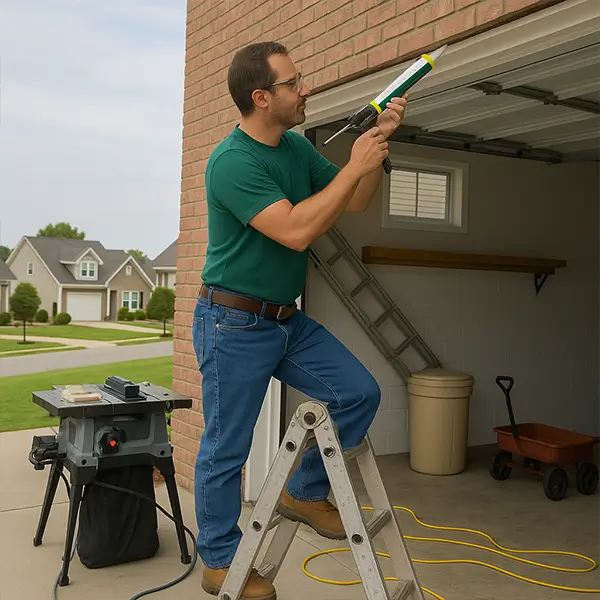 Technician sealing raised garage door on ladder outside brick garage in a suburban neighborhood