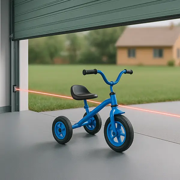Garage door safety sensor prevents closing when tricycle blocks beam Blue tricycle blocking garage door safety sensor beam under partially open door