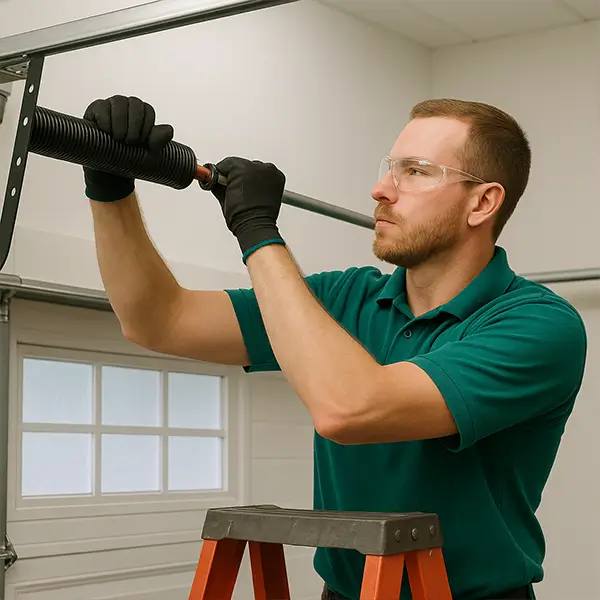 Get Garage Door Facilities Technician adjusting a torsion spring on a residential garage door during annual maintenance