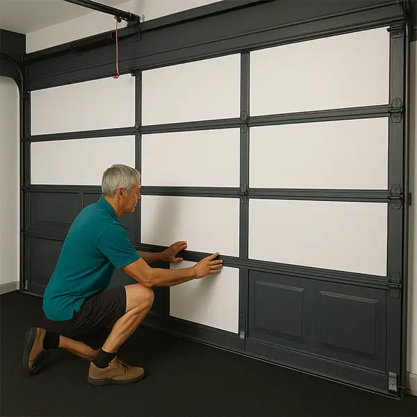 exchange a garage door spring Man installing insulation panels on the inside of a sectional garage door in a residential garage