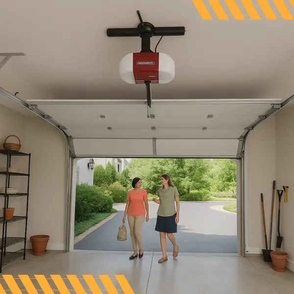 Modern Garage with LiftMaster Opener – Residential Smart Garage System and Daily Use Scene Interior view of a residential garage with LiftMaster opener and two women walking in driveway outside