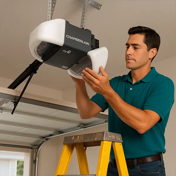 Garage door Opener Repair and Installation Technician adjusting Chamberlain garage opener on ladder in garage