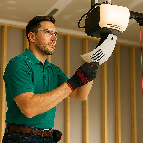Garage door technician in a teal polo shirt and safety gear inspecting a ceiling-mounted opener in a partially constructed residential garage