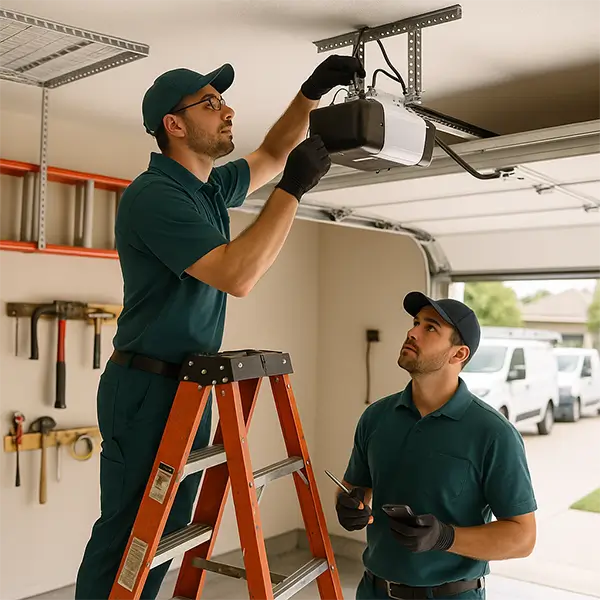 Overhead Door Stop Working Garage door technicians installing a ceiling-mounted opener in a residential garage in Richardson TX
