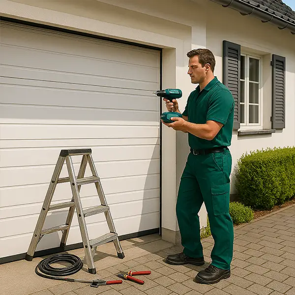 Professional garage door technician using power drill during residential installation in suburban driveway