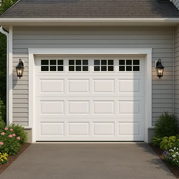 Durable white sectional garage door installation for homes White sectional garage door with windows on residential home exterior