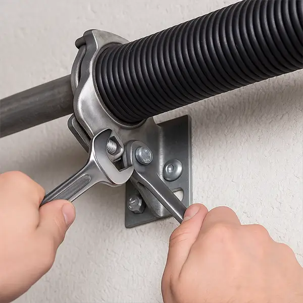 The lifespan of a garage door spring Hands tightening garage door torsion spring bracket with wrenches