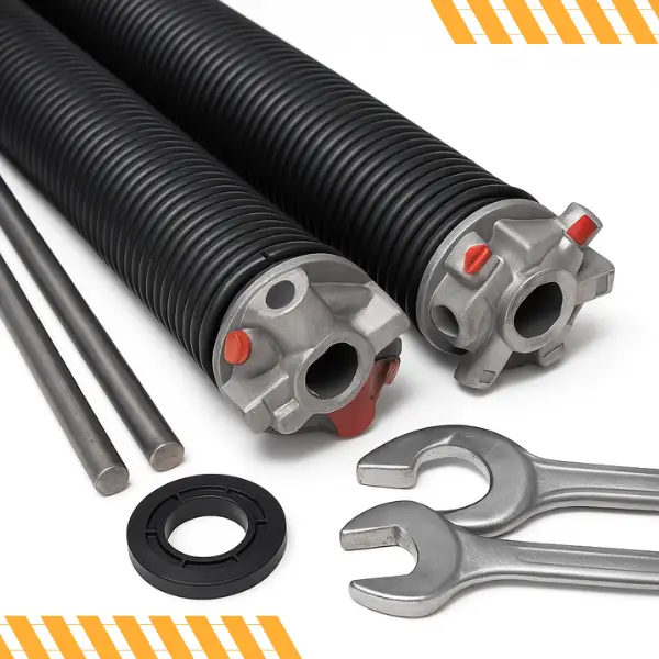 Tips to Extend Garage Spring Lifespan Torsion spring parts and tools on white background