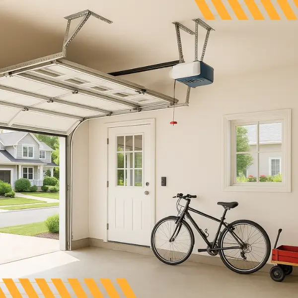 Types of Openers We Specialize In Open garage with bike, wagon, and ceiling opener