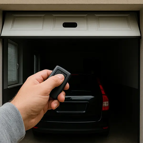 Upgrade Garage Door Opener Person using a remote control to open a partially raised white garage door with a black SUV parked inside.