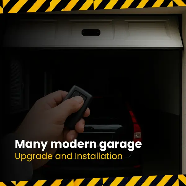 Upgrade and Repair Garage Door Hand holding a remote control while opening a garage door with a black car parked inside
