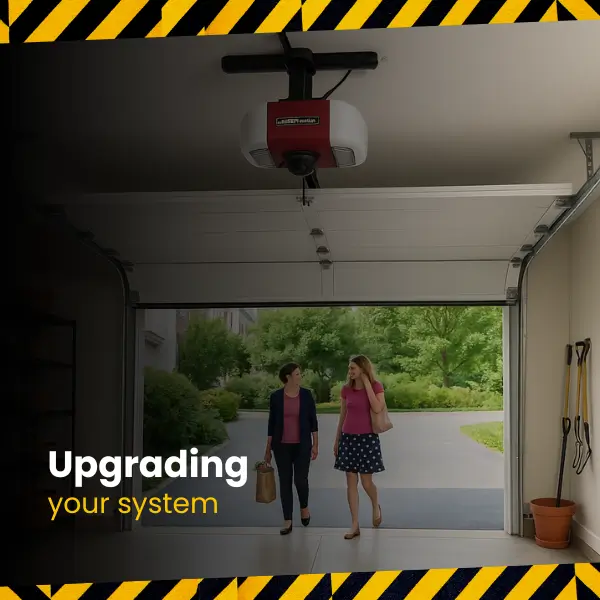 Upgrade your system Open garage with LiftMaster opener and two women outside