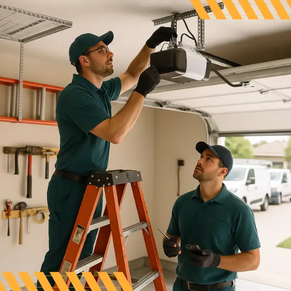 Top Signs Your Garage Opener Needs Repair Technicians repairing a garage door opener inside a residential garage